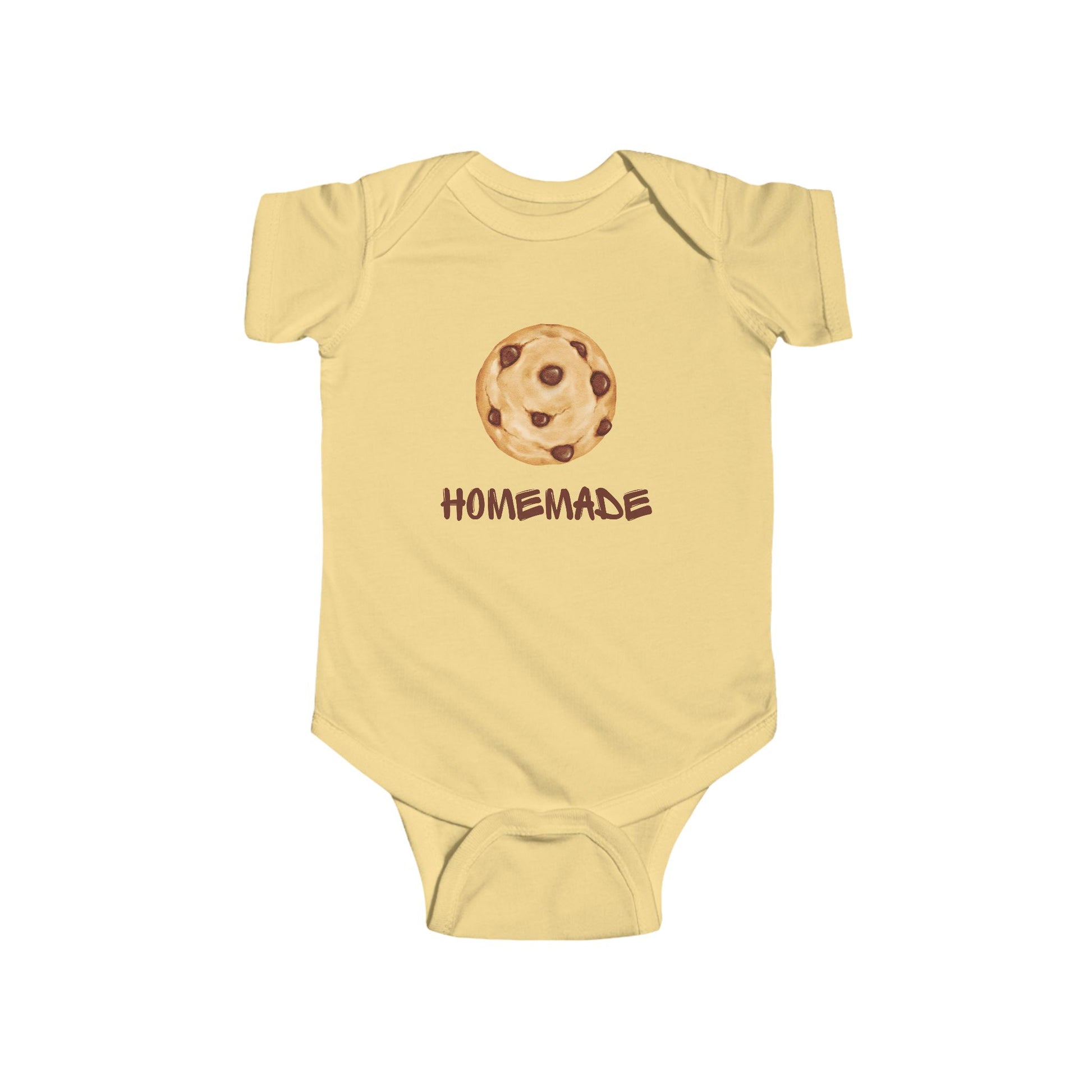 This adorable custom super soft baby onesie that features an image of a chocolate chip cookie in the middle with the word 'homemade' in brown writing underneath the image.