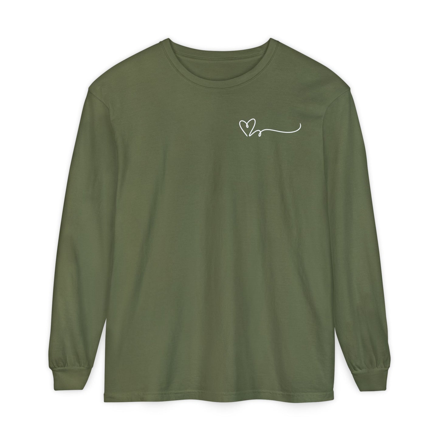 On the top right chest of this custom long sleeve t-shirt is a heart with a trail behind it signifying a heartbeat that you would see on a heart monitor. Perfect for health care workers and teachers.