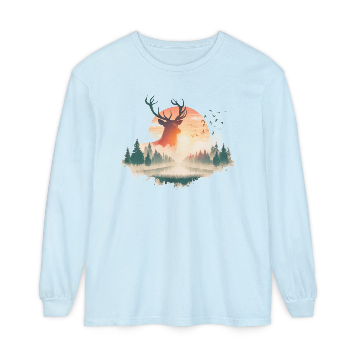 On the front of this custom unisex long sleeve shirt is beautiful landscape at dawn, there is a river in the middle with pine trees on either side, the sun is setting in the background with a large elk in the distance standing in front of the sun.