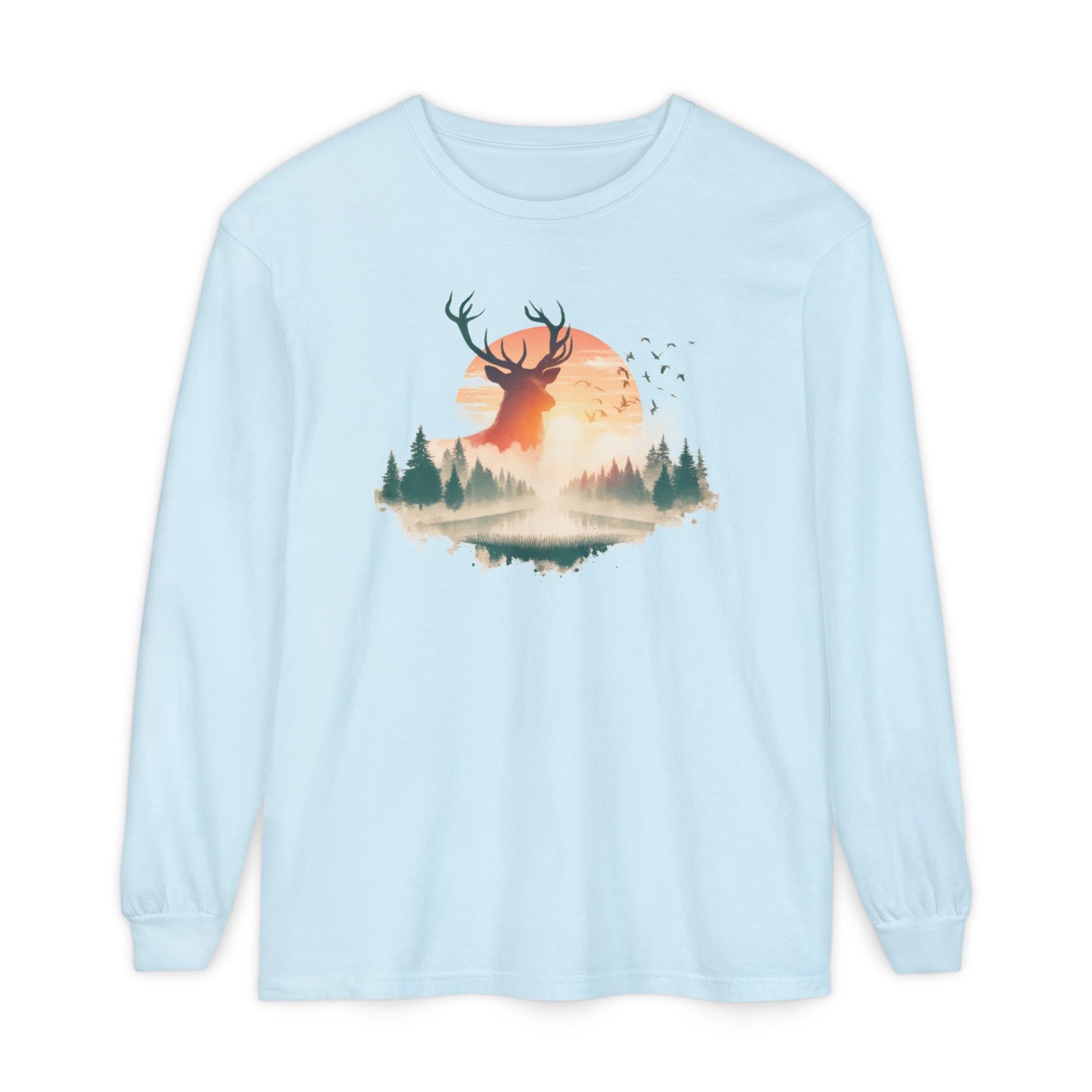 On the front of this custom unisex long sleeve shirt is beautiful landscape at dawn, there is a river in the middle with pine trees on either side, the sun is setting in the background with a large elk in the distance standing in front of the sun.