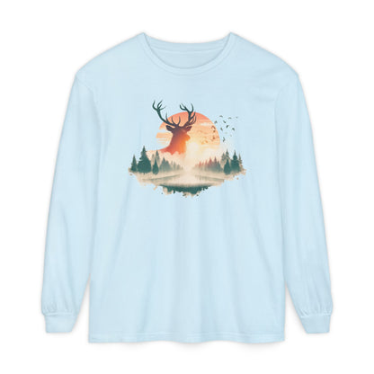 On the front of this custom unisex long sleeve shirt is beautiful landscape at dawn, there is a river in the middle with pine trees on either side, the sun is setting in the background with a large elk in the distance standing in front of the sun.