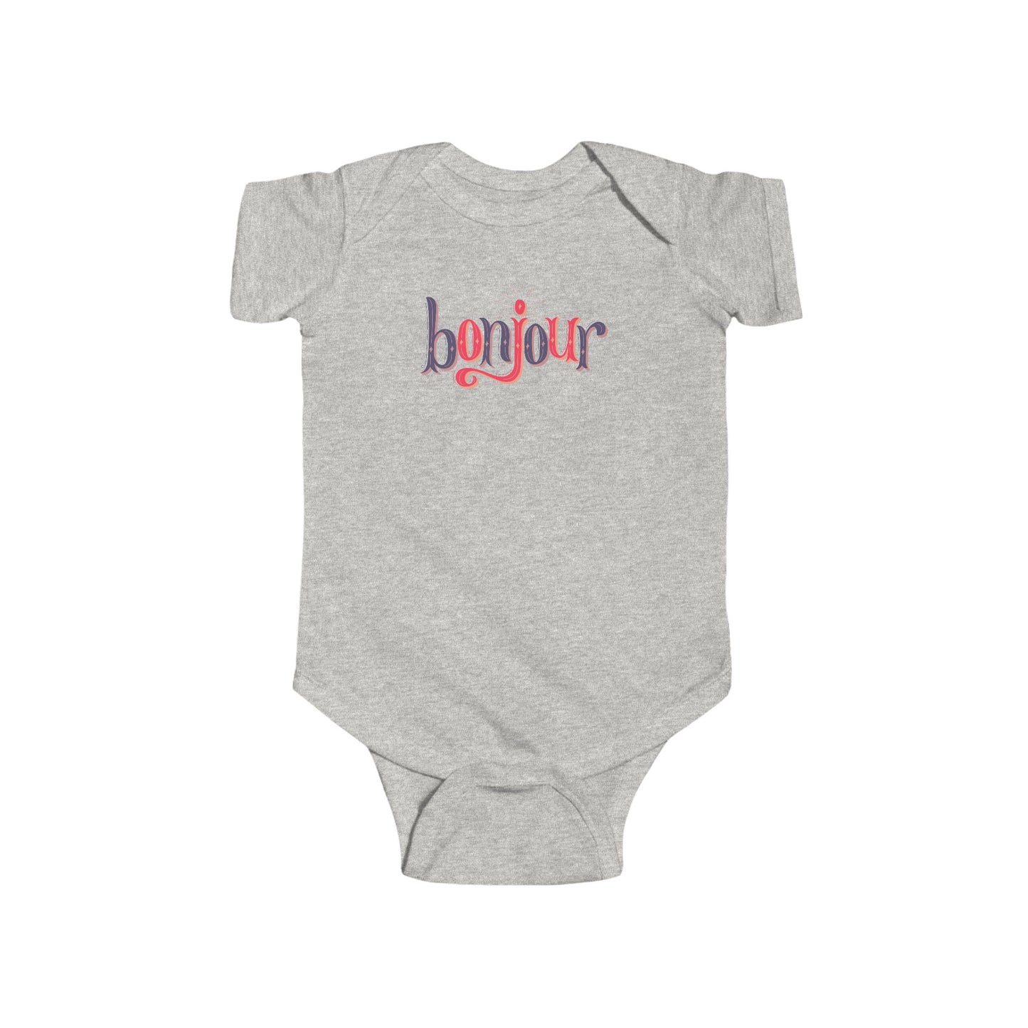 A custom infant onesie that has shirt sleeves and three buttons on the bottom, across the front of this custom baby bodysuit is the word bonjour in blue and red writing.