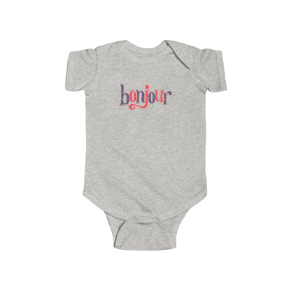 A custom infant onesie that has shirt sleeves and three buttons on the bottom, across the front of this custom baby bodysuit is the word bonjour in blue and red writing.