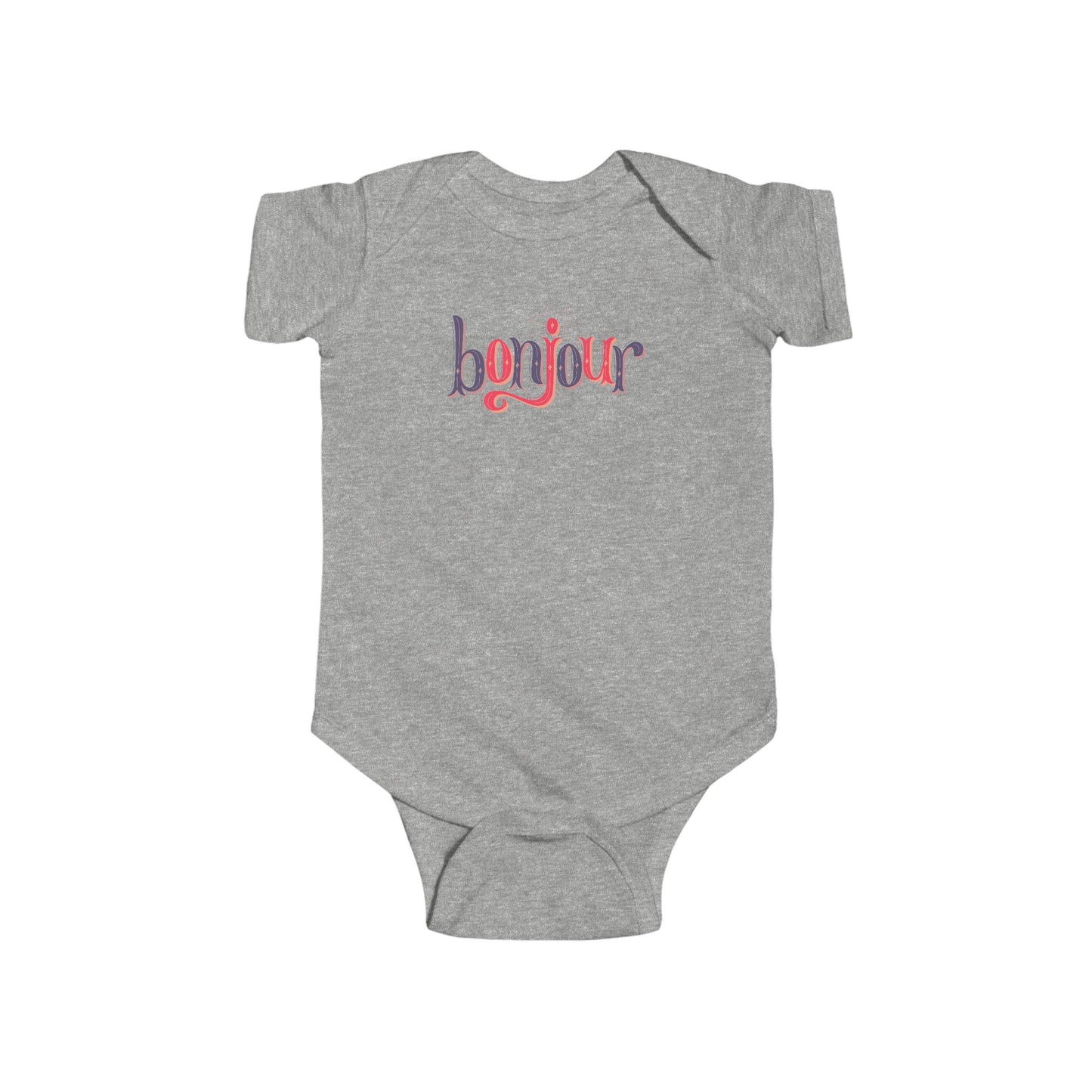 A custom infant onesie that has shirt sleeves and three buttons on the bottom, across the front of this custom baby bodysuit is the word bonjour in blue and red writing.