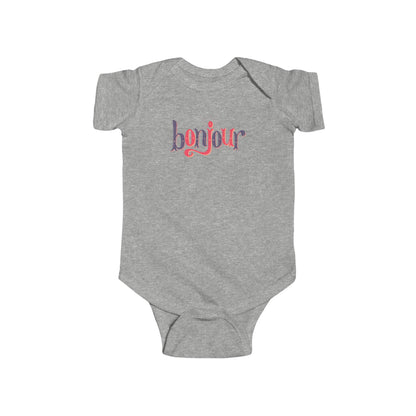 A custom infant onesie that has shirt sleeves and three buttons on the bottom, across the front of this custom baby bodysuit is the word bonjour in blue and red writing.