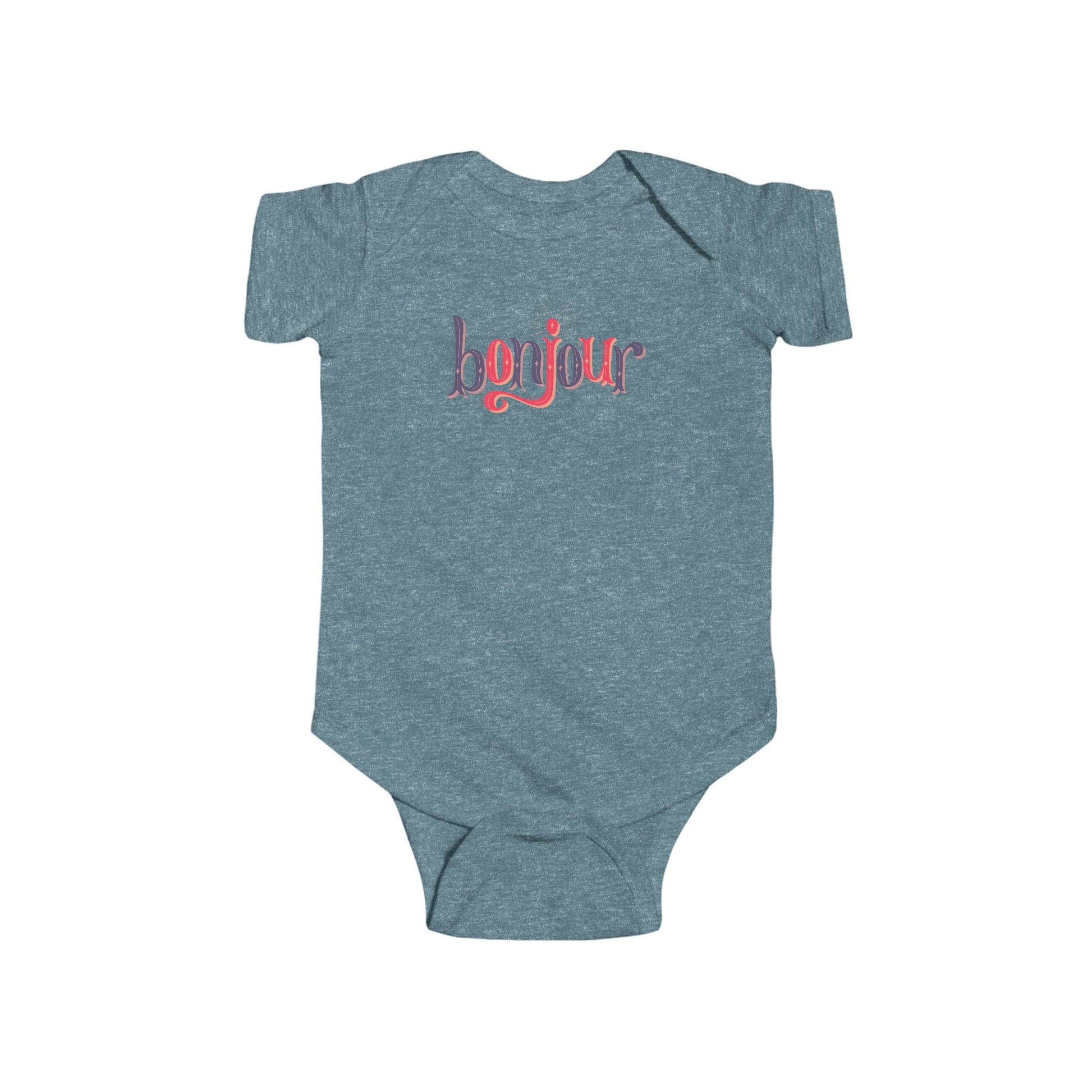 A custom infant onesie that has shirt sleeves and three buttons on the bottom, across the front of this custom baby bodysuit is the word bonjour in blue and red writing.