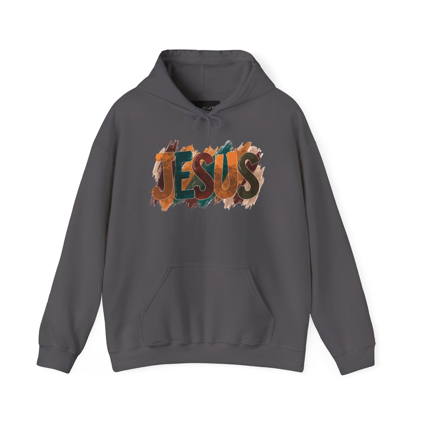 On the front of this Christian hoodie is the name Jesus is large bubble letters with each letter being a different Autumn color, this sweater is perfect for fall time.