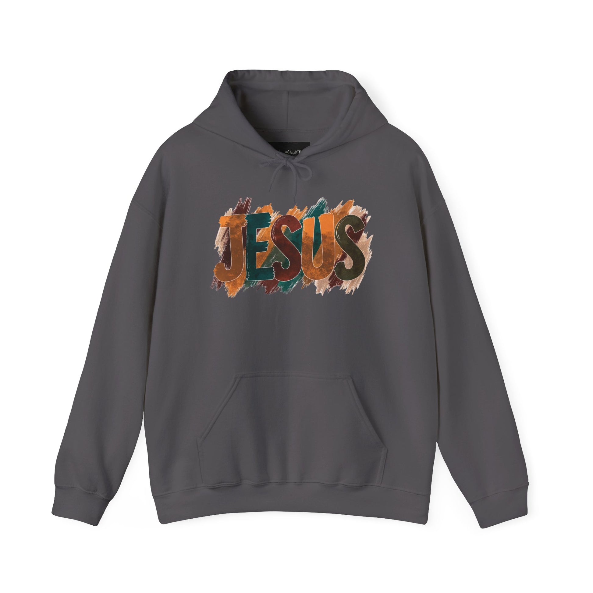 On the front of this Christian hoodie is the name Jesus is large bubble letters with each letter being a different Autumn color, this sweater is perfect for fall time.