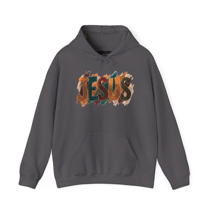 On the front of this Christian hoodie is the name Jesus is large bubble letters with each letter being a different Autumn color, this sweater is perfect for fall time.