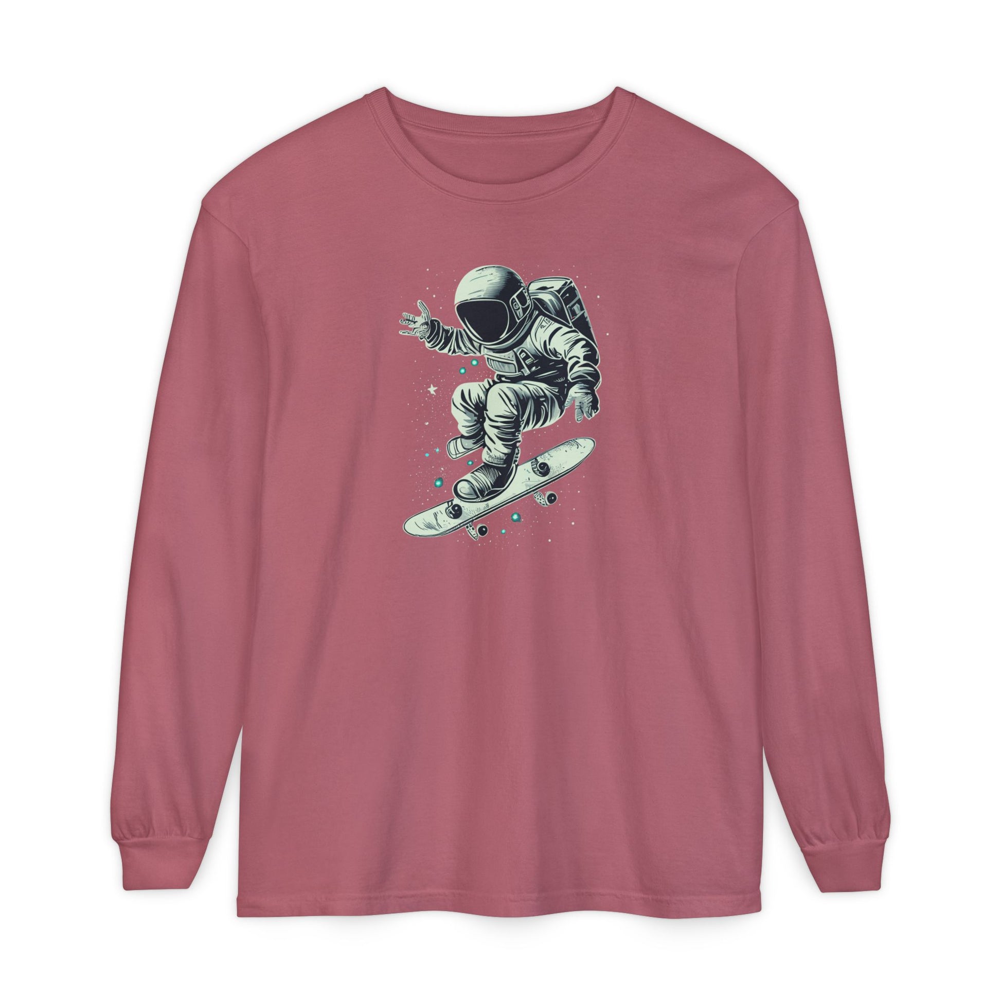 On the front of this custom unisex long sleeve shirt is an image of an astronaut riding a skateboard, there are a bunch of stars around the astronaut.