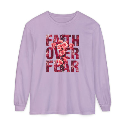 On the front of this Christian vintage long sleeve shirt are the words Faith Over Fear in large block letters with a cross made of thorns in the middle that is covered in roses.
