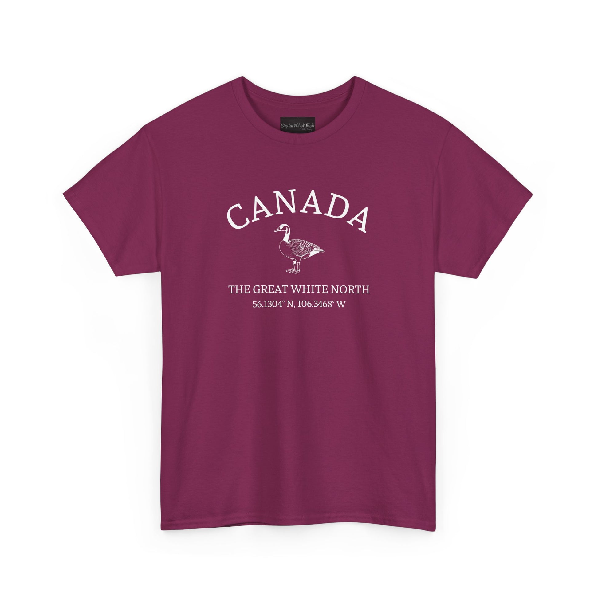 On the front of this patriotic short sleeve shirt is an image of a Canadian Goose with the word Canada above it in a half circle, the words "The Great White North" are underneath the image with Canada's coordinates underneath that.