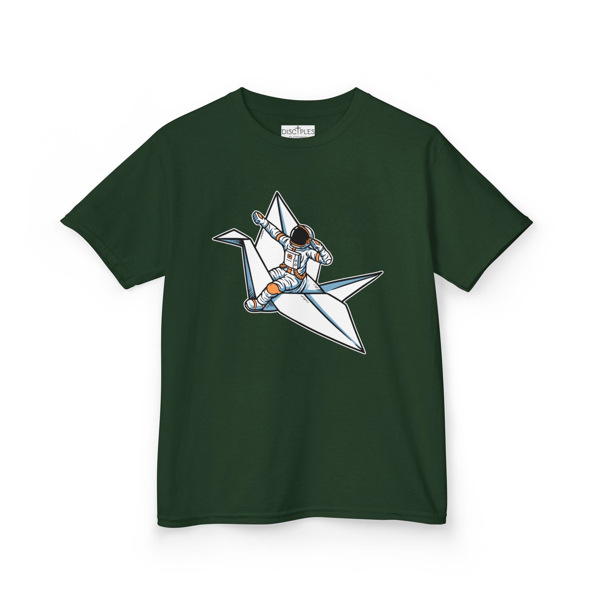 On the front of this custom kids t-shirt is an image of a astronaut flying on a paper plane.