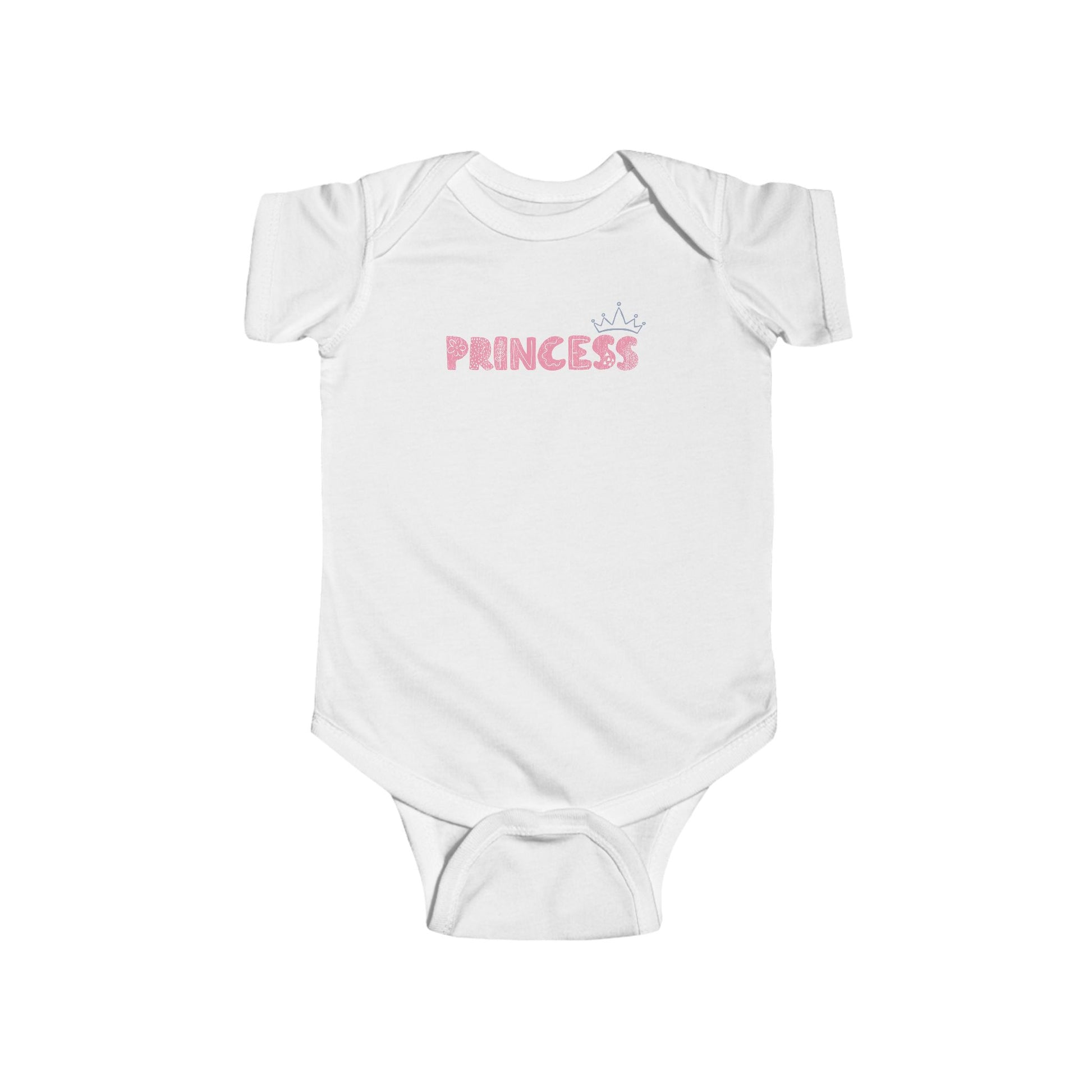 On the front of this custom baby girl onesie is the word princess in a light pink color with a crown over the last two letters of the word.