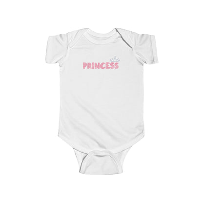 On the front of this custom baby girl onesie is the word princess in a light pink color with a crown over the last two letters of the word.