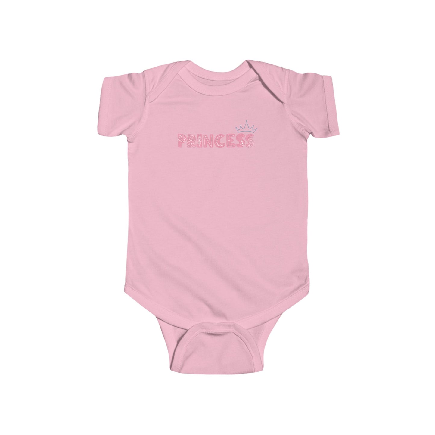 On the front of this custom baby girl onesie is the word princess in a light pink color with a crown over the last two letters of the word.