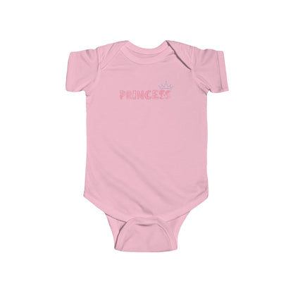 On the front of this custom baby girl onesie is the word princess in a light pink color with a crown over the last two letters of the word.