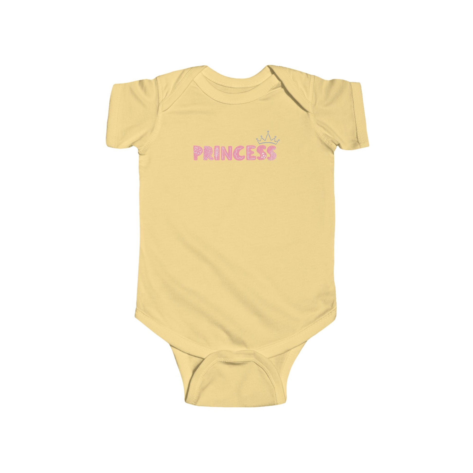 On the front of this custom baby girl onesie is the word princess in a light pink color with a crown over the last two letters of the word.