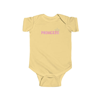 On the front of this custom baby girl onesie is the word princess in a light pink color with a crown over the last two letters of the word.