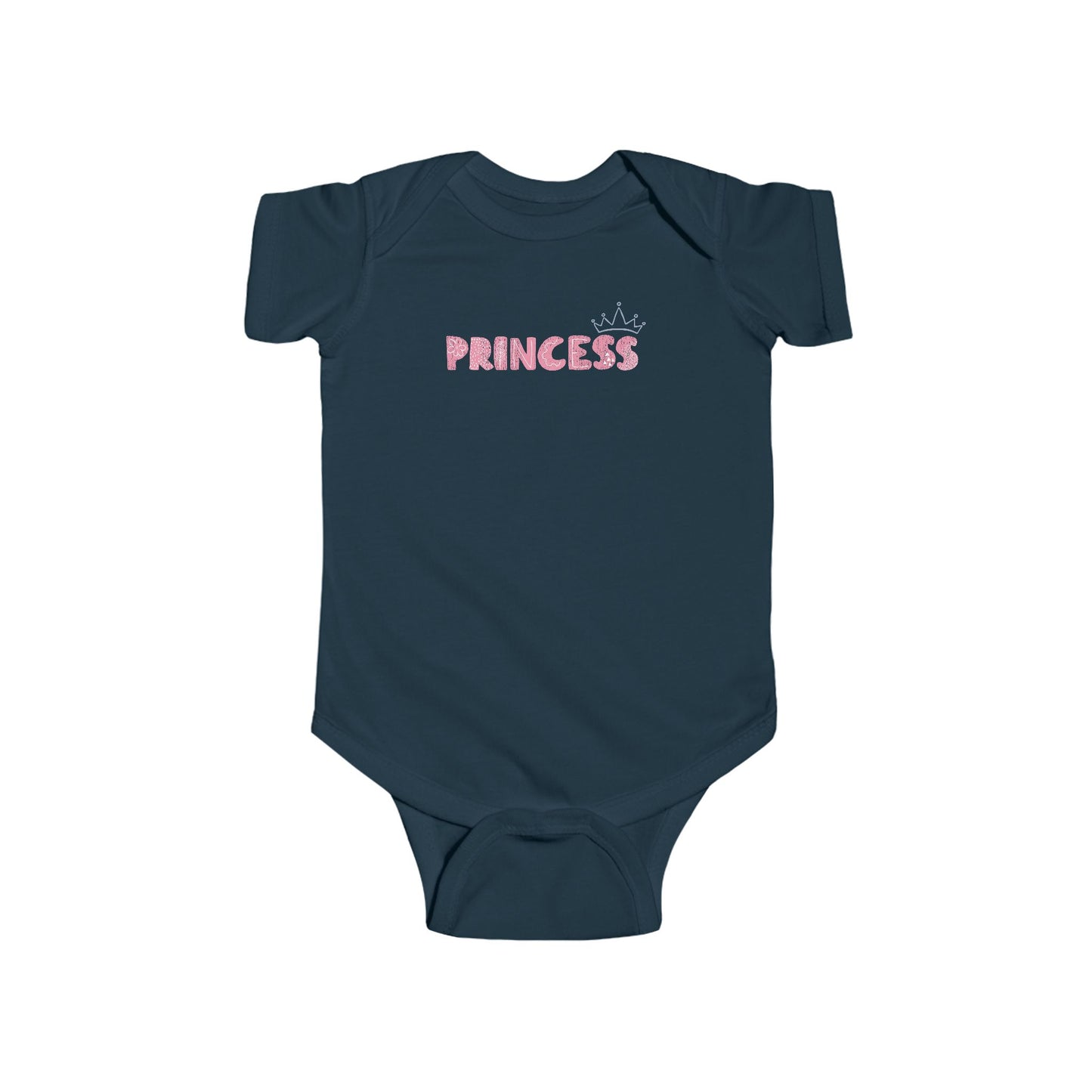 On the front of this custom baby girl onesie is the word princess in a light pink color with a crown over the last two letters of the word.