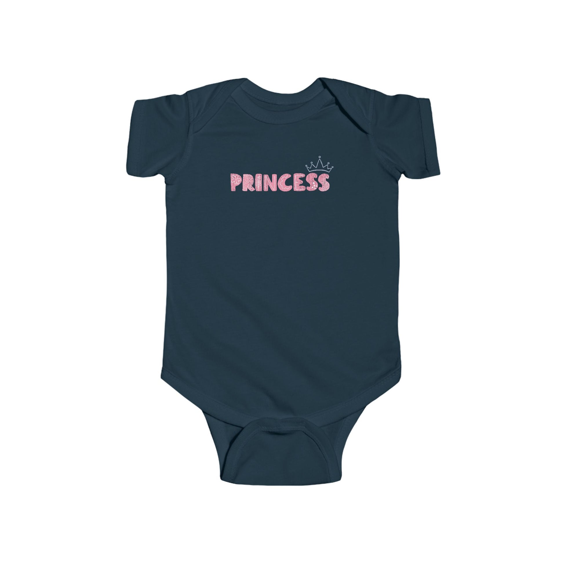 On the front of this custom baby girl onesie is the word princess in a light pink color with a crown over the last two letters of the word.