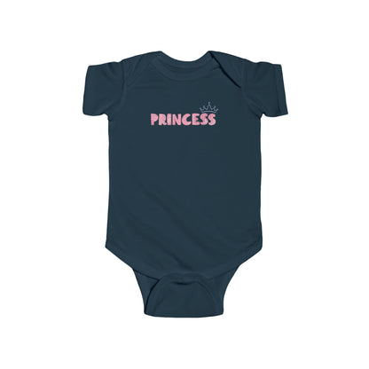 On the front of this custom baby girl onesie is the word princess in a light pink color with a crown over the last two letters of the word.