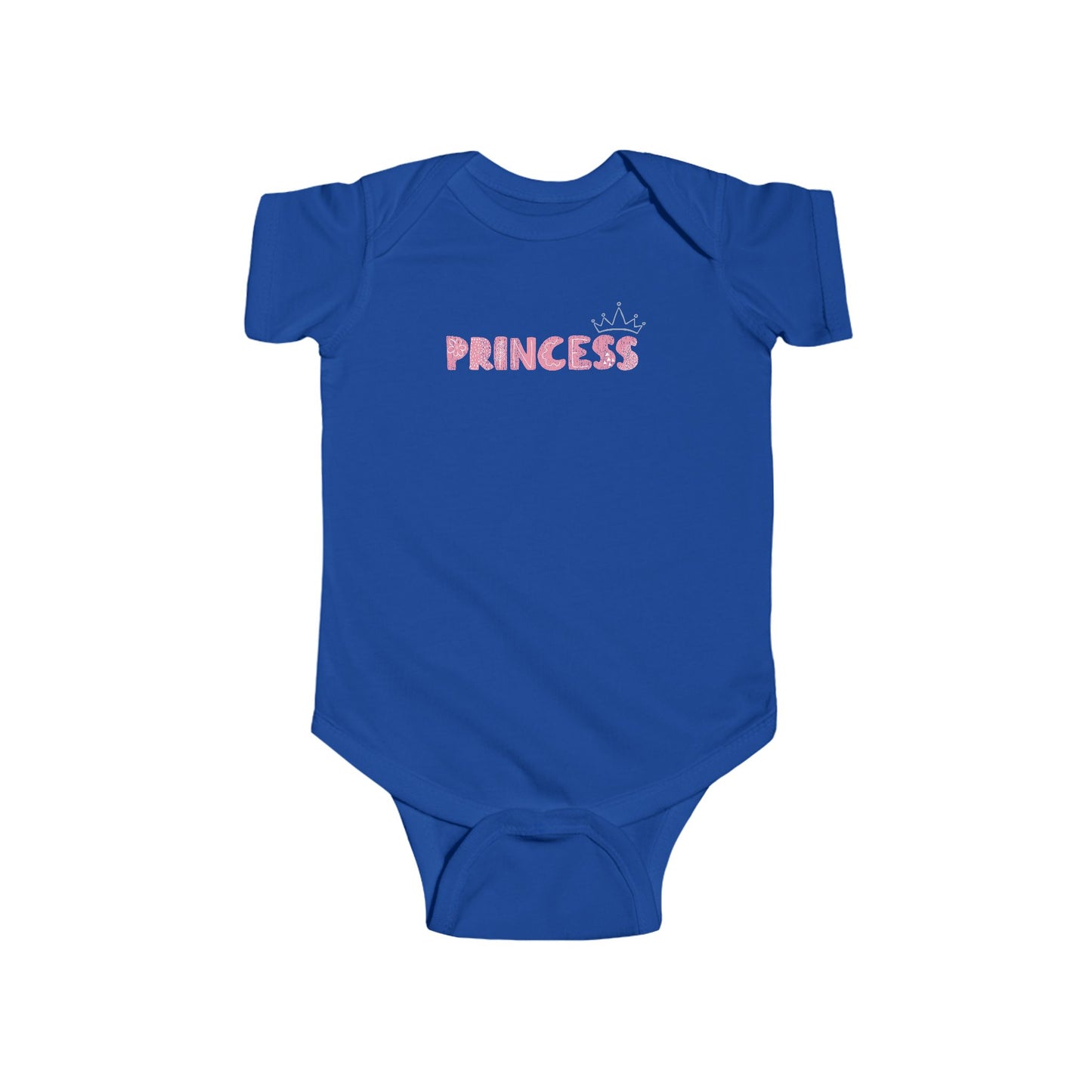 On the front of this custom baby girl onesie is the word princess in a light pink color with a crown over the last two letters of the word.