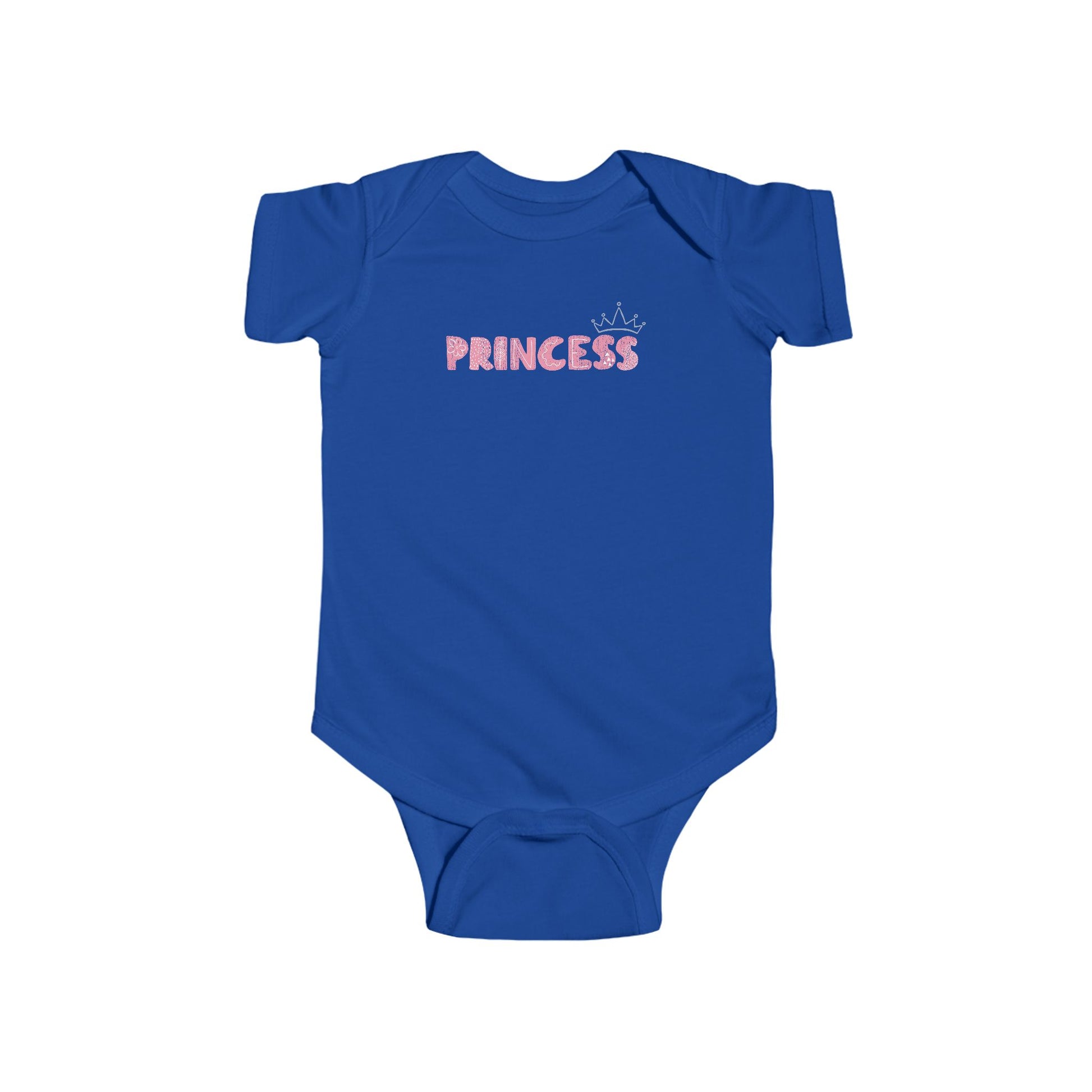 On the front of this custom baby girl onesie is the word princess in a light pink color with a crown over the last two letters of the word.