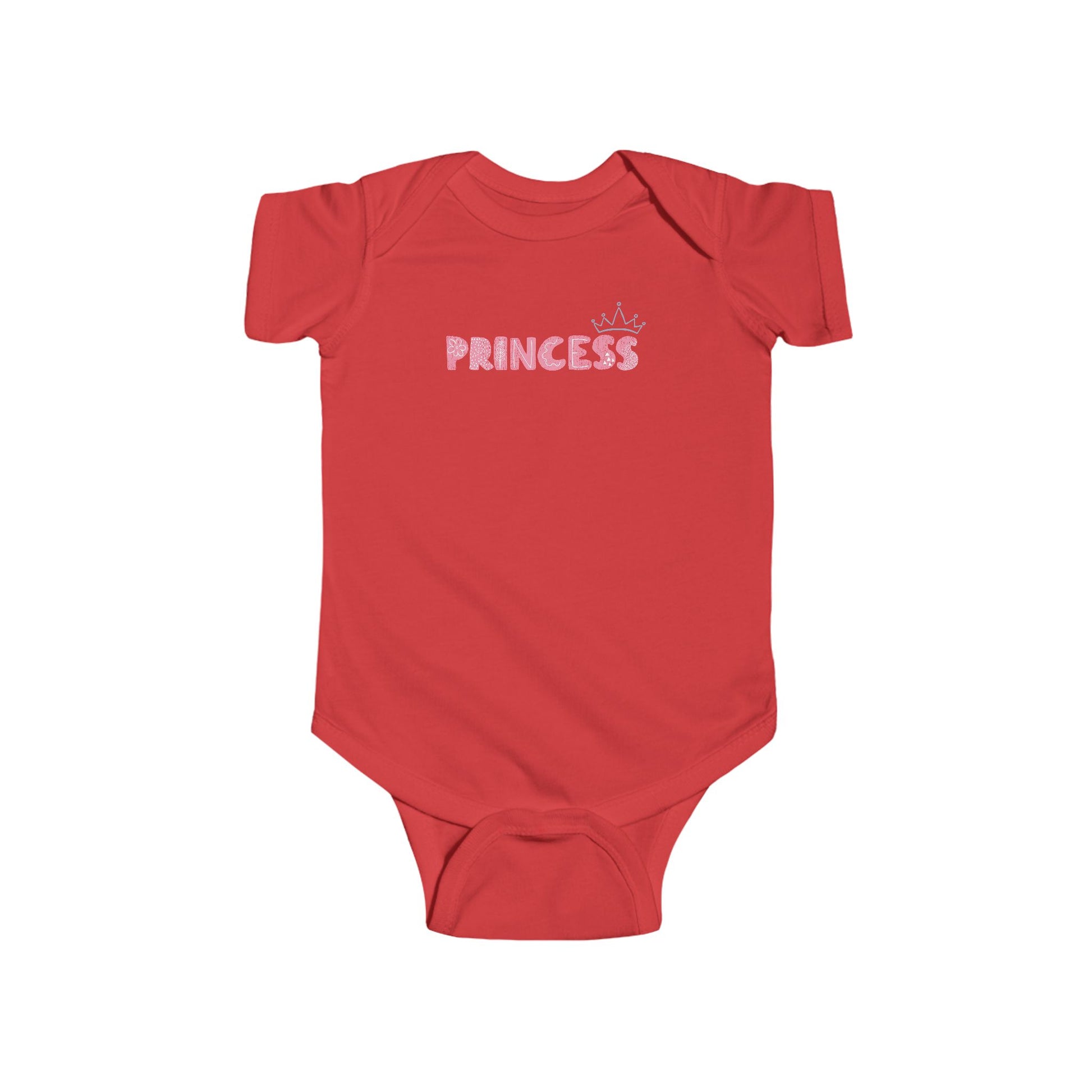 On the front of this custom baby girl onesie is the word princess in a light pink color with a crown over the last two letters of the word.