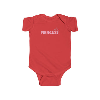On the front of this custom baby girl onesie is the word princess in a light pink color with a crown over the last two letters of the word.