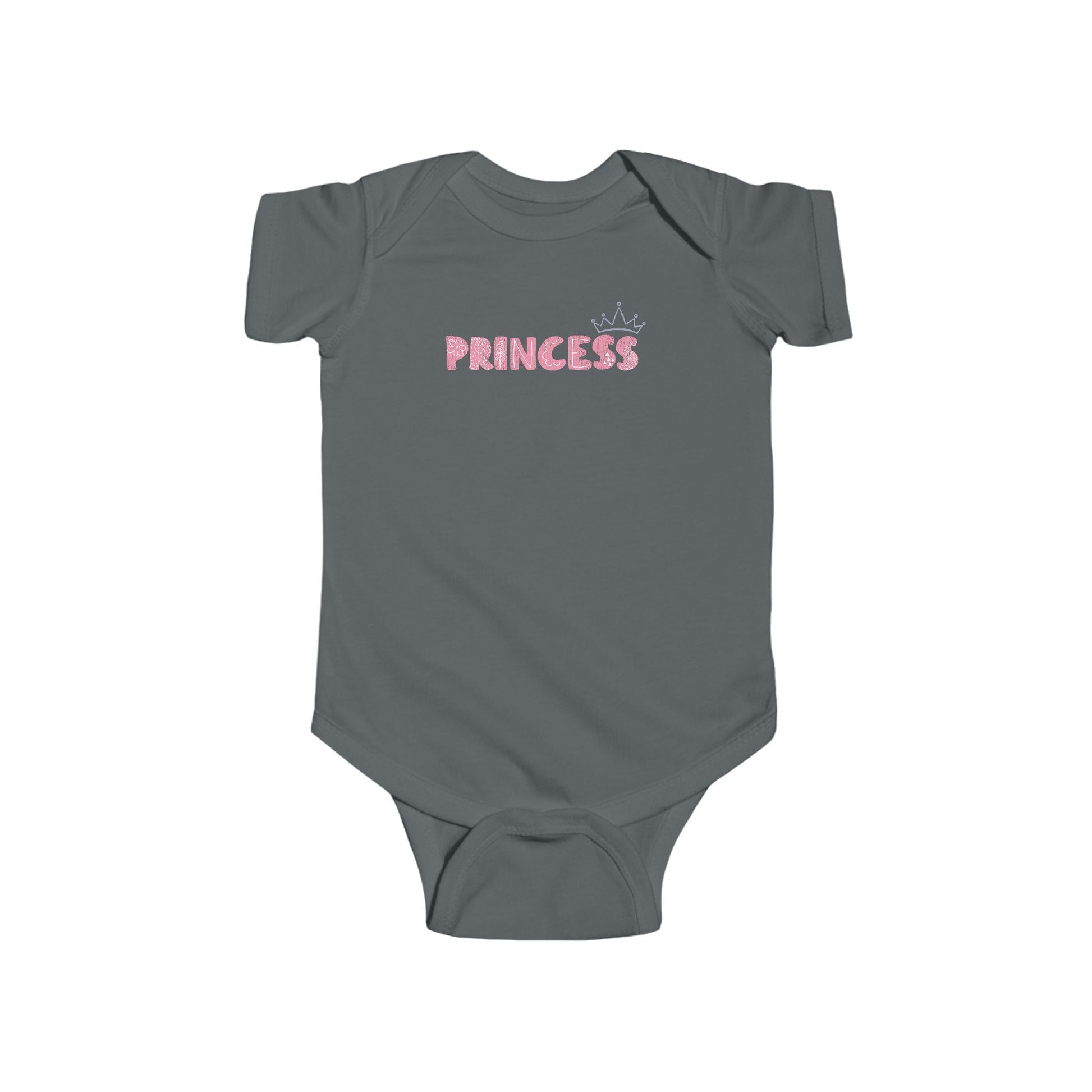 On the front of this custom baby girl onesie is the word princess in a light pink color with a crown over the last two letters of the word.