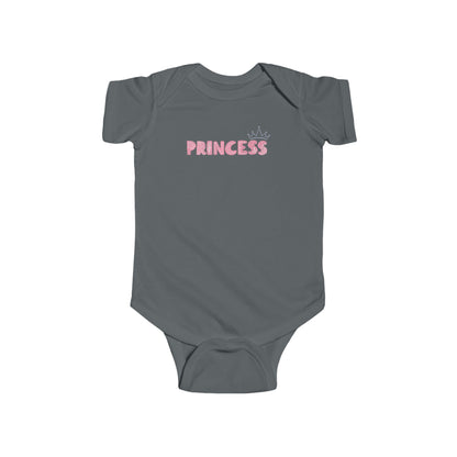 On the front of this custom baby girl onesie is the word princess in a light pink color with a crown over the last two letters of the word.