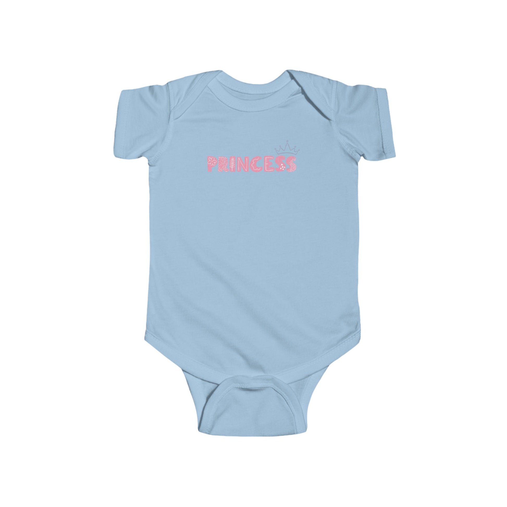 On the front of this custom baby girl onesie is the word princess in a light pink color with a crown over the last two letters of the word.