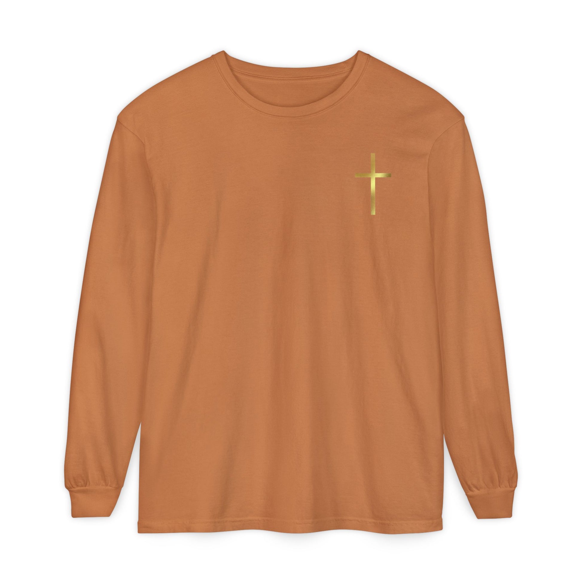 On the front of this custom Christian long sleeve shirt is a gold cross over the top left chest of the shirt.