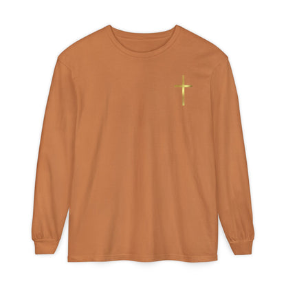 On the front of this custom Christian long sleeve shirt is a gold cross over the top left chest of the shirt.