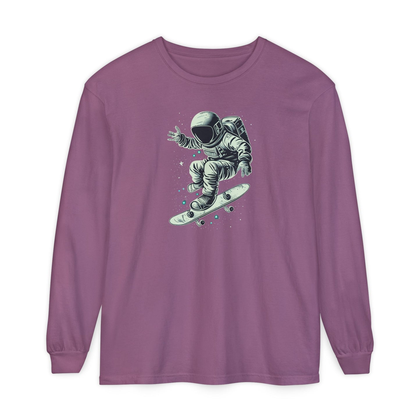 On the front of this custom unisex long sleeve shirt is an image of an astronaut riding a skateboard, there are a bunch of stars around the astronaut.