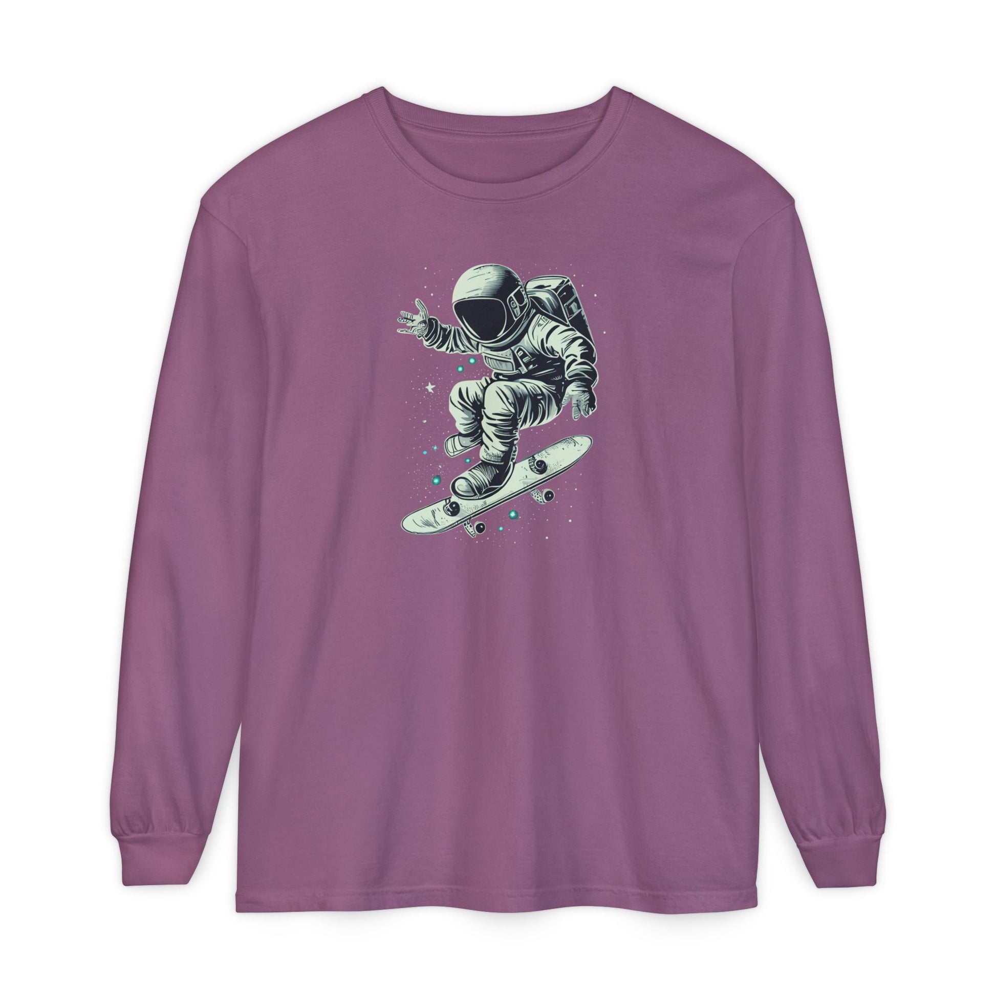 On the front of this custom unisex long sleeve shirt is an image of an astronaut riding a skateboard, there are a bunch of stars around the astronaut.