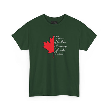 This custom handmade Canadian shirt comes with a maple leaf on the front center of the shirt, the words true north strong and free are in cursive on the other side of the maple leaf.