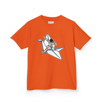 On the front of this custom kids t-shirt is an image of a astronaut flying on a paper plane.