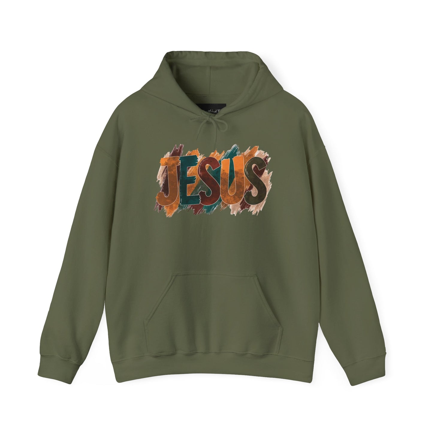 On the front of this Christian hoodie is the name Jesus is large bubble letters with each letter being a different Autumn color, this sweater is perfect for fall time.