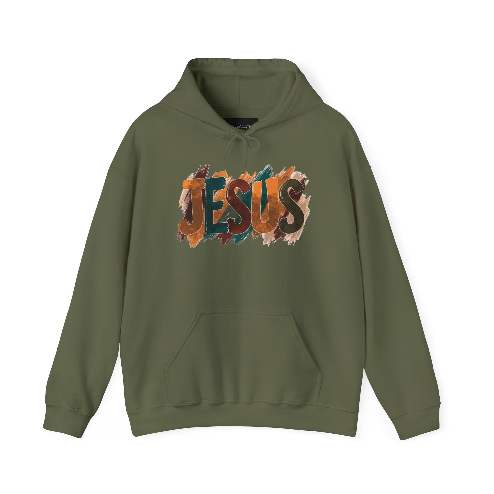 On the front of this Christian hoodie is the name Jesus is large bubble letters with each letter being a different Autumn color, this sweater is perfect for fall time.