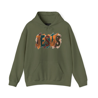 On the front of this Christian hoodie is the name Jesus is large bubble letters with each letter being a different Autumn color, this sweater is perfect for fall time.