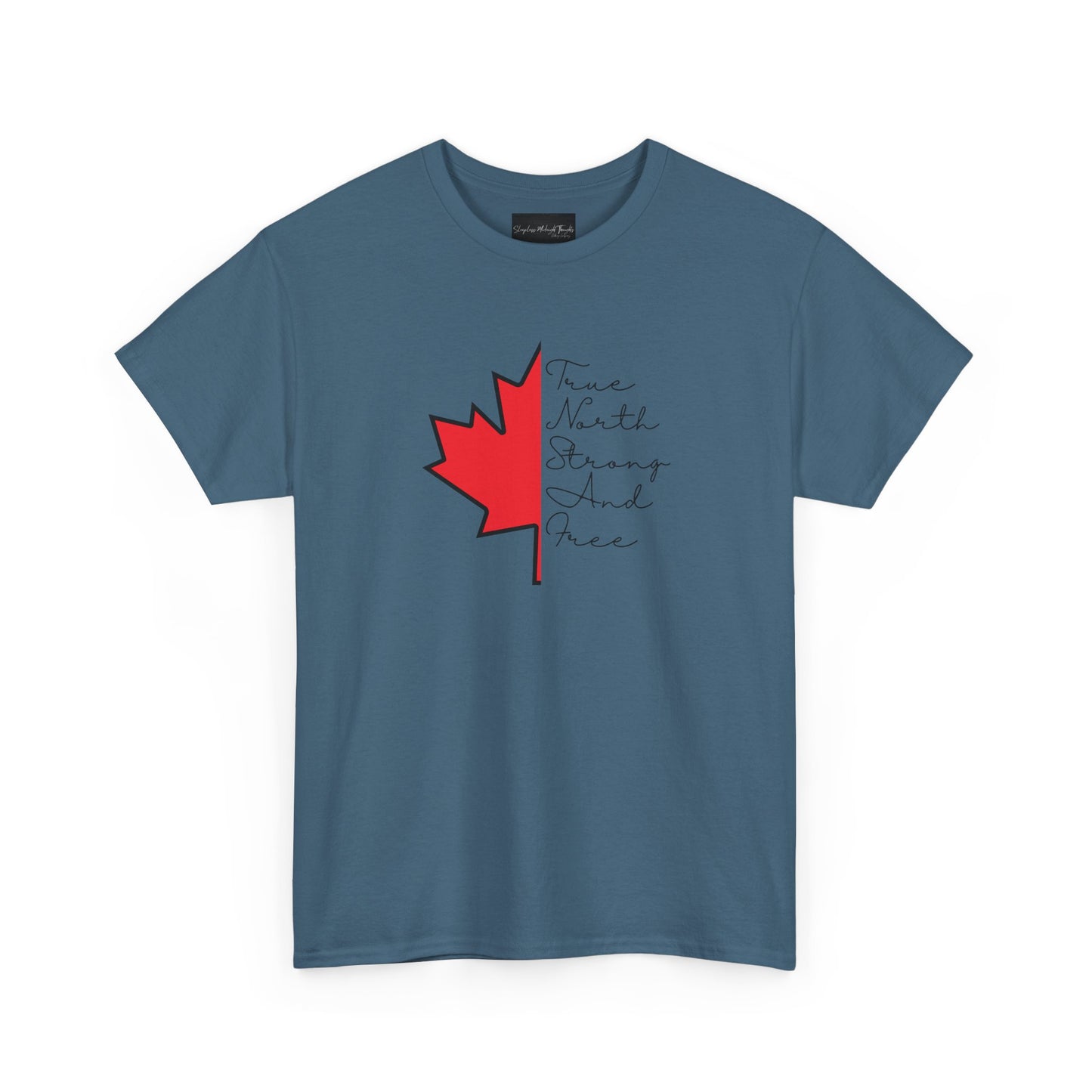 This custom handmade Canadian shirt comes with a maple leaf on the front center of the shirt, the words true north strong and free are in cursive on the other side of the maple leaf.