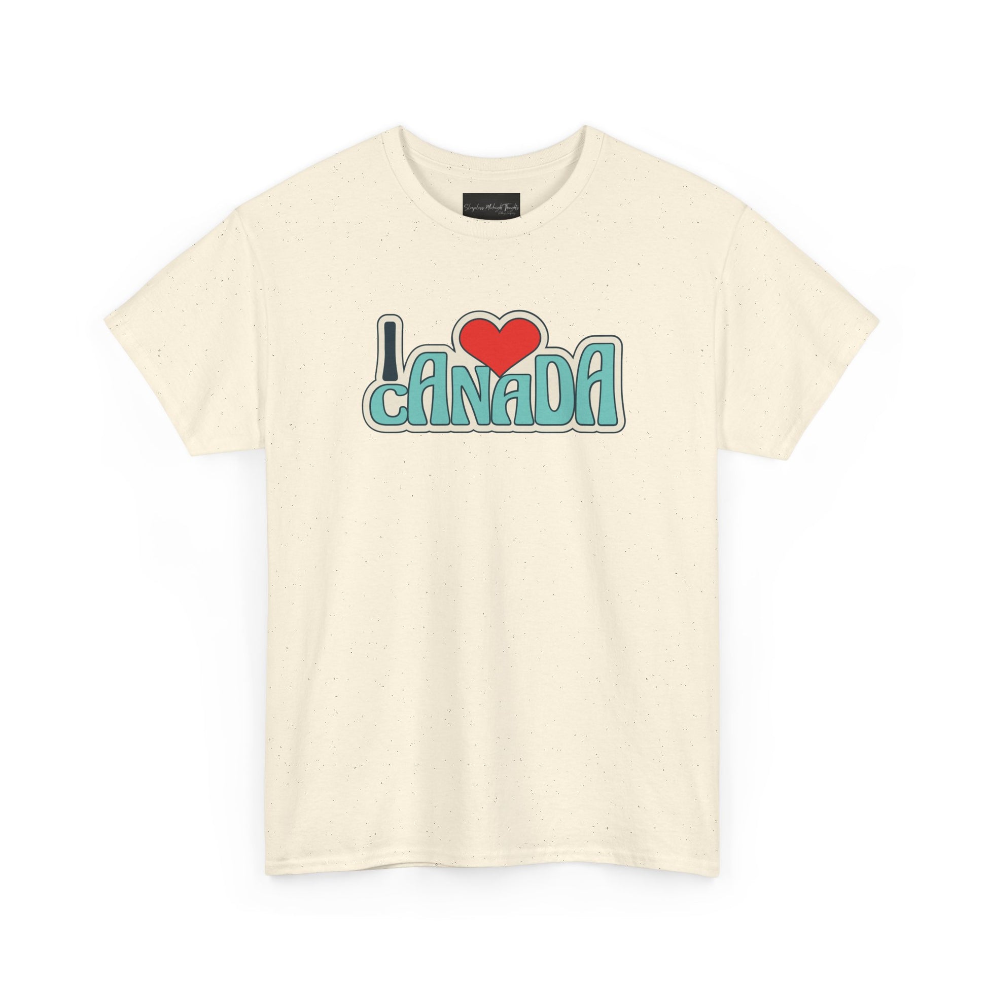 On the front of this custom Canadian made shirt sleeve shirt are the words I Love Canada with a heart, it has a retro design which makes the whole shirt look vintage.