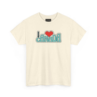 On the front of this custom Canadian made shirt sleeve shirt are the words I Love Canada with a heart, it has a retro design which makes the whole shirt look vintage.