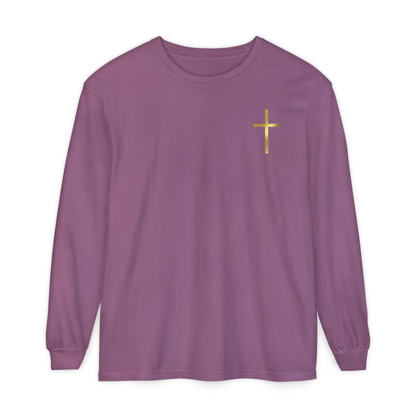 On the front of this custom Christian long sleeve shirt is a gold cross over the top left chest of the shirt.