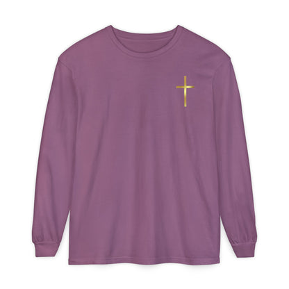 On the front of this custom Christian long sleeve shirt is a gold cross over the top left chest of the shirt.