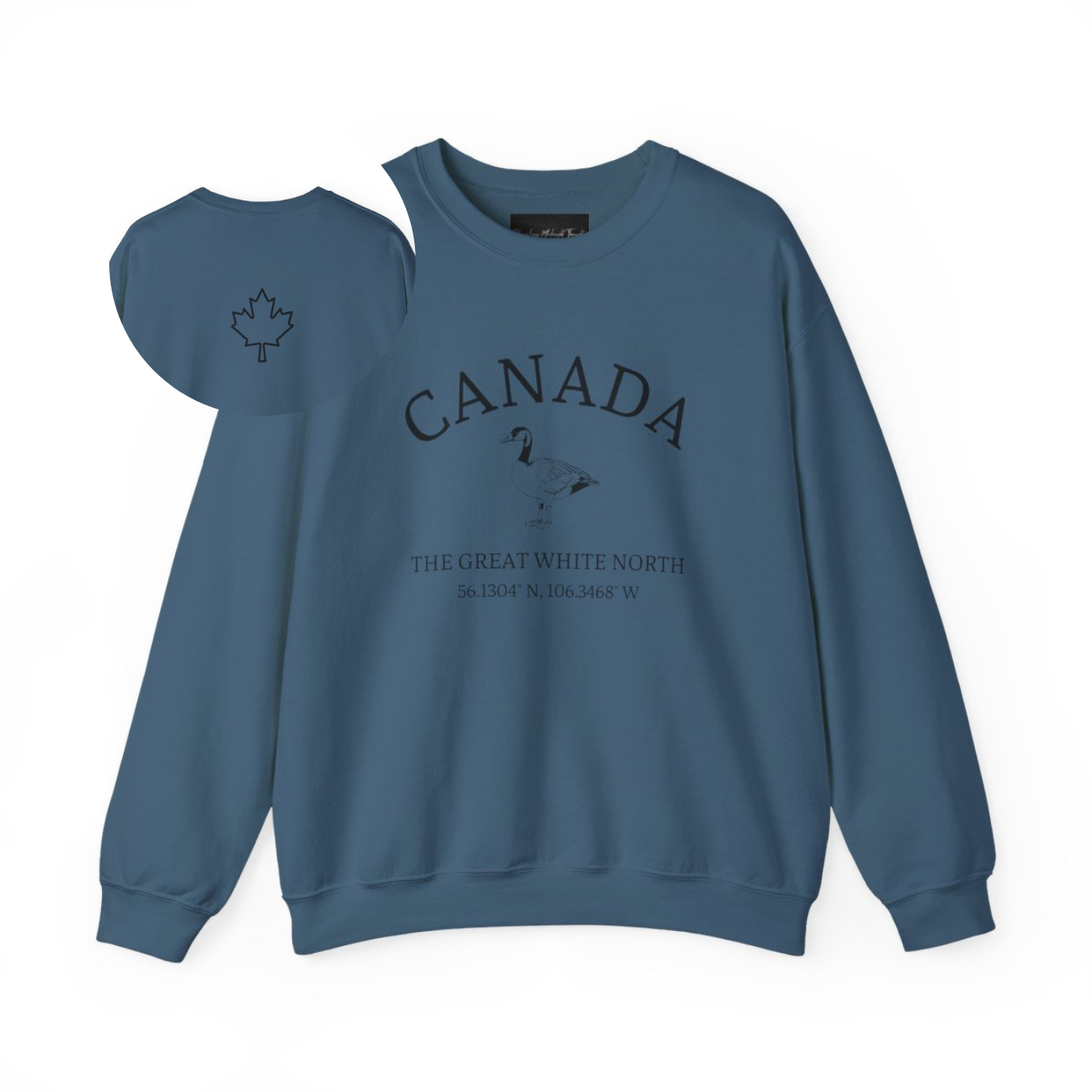 On the front of this unisex super soft Canadian sweatshirt is the word Canada in large text on the top with an image of a Canadian Goose underneath. Under the Goose are the words The Great White North with Canada's geological location under that.