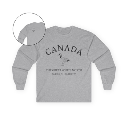 This custom Canadian made unisex long sleeve t-shirt features a Canadian goose on the front in the center of the shirt with the words 'Canada'  above it and 'The Great White North' under the goose, on the back left shoulder blade of the long sleeve shirt is a maple leaf.