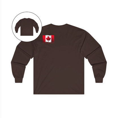 On the back left shoulder blade of this unisex long sleeve shirt is a red Canadian flag that has the words In God We trust underneath the flag, perfect for those wishing to represent God and their country.